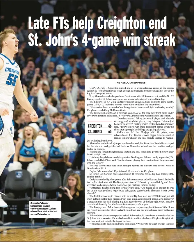  ?? AP ?? Creighton’s Baylor Scheierman leaps in celebratio­n after St. John’s missed final shot at the last second Saturday.