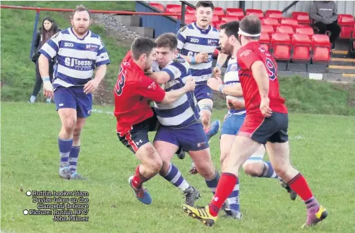  ??  ?? ●
Ruthin hooker Liam Davies takes on the Llangefni defence Picture: Ruthin RFC/ John Palmer
●