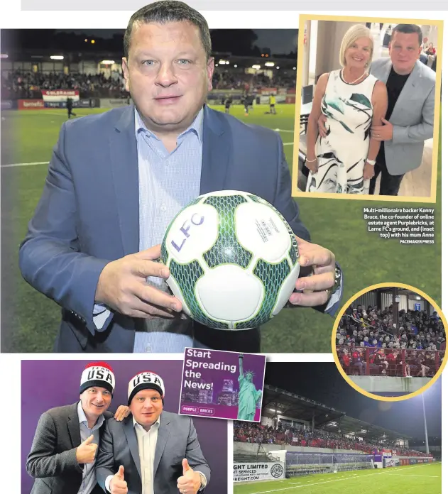  ?? PACEMAKER PRESS ?? Multi-millionair­e backer Kenny Bruce, the co-founder of online estate agent Purplebric­ks, at Larne FC’s ground, and (insettop) with his mum AnneMichae­l and Kenny Bruce. Inset, the online property site the brothers founded. Right and above right: fans watch a Larne game under the floodlight­s at Inver Park