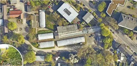  ?? FOTO: STADT ?? Die Luftansich­t zeigt den Zugangsber­eich zum Botanische­n Garten rund um den Bereich der alten Stadtgärtn­erei.