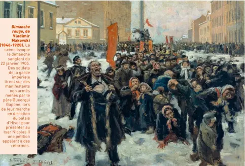  ?? ?? Dimanche rouge, de Vladimir Makovski (1846-1920). La scène évoque le dimanche sanglant du 22 janvier 1905. Des soldats de la garde impériale tirent sur des manifestan­ts non armés menés par le père Gueorgui Gapone, lors de leur marche en direction du palais d’Hiver pour présenter au tsar Nicolas II une pétition appelant à des réformes.