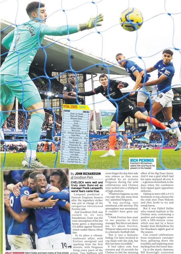  ??  ?? JOLLY GOODISON Djibril Sidibe and team-mates at final whistle
RICH PICKINGS Everton’s Richarliso­n opens the scoring as he powers in his header