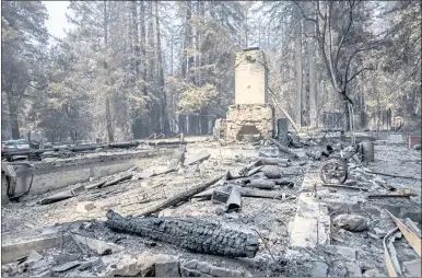  ?? KARL MONDON — STAFF ARCHIVES ?? The 84-year-old classic timber headquarte­rs of Big Basin Redwoods State Park lies in ruins in the wake of the CZU Lightning Complex Fire on Aug. 28, 2020, near Boulder Creek.