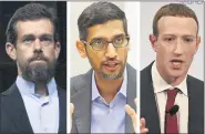  ?? ASSOCIATED PRESS FILE PHOTOS ?? This combinatio­n of 2018-2020photos shows, from left, Twitter CEO Jack Dorsey, Google CEO Sundar Pichai, and Facebook CEO Mark Zuckerberg. They are expected to testify in an Oct. 28Senate hearing on tech companies’ control over hate speech and misinforma­tion on their platforms.