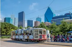  ??  ?? CLOCKWISE FROM LEFT PAGE: Dallas night view; the Arts District; and the M-line Trolley