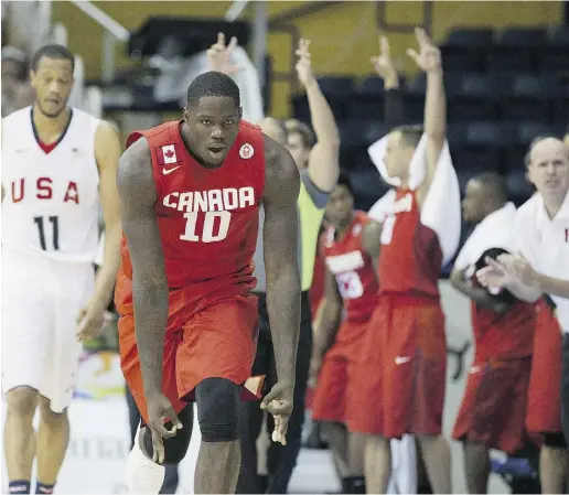  ?? Chris Young / THE CANADIAN PRESS ?? Canada’s Anthony Bennett played a big role in his team’s 111-108 men’s semifinal basketball victory over the U.S. on Friday
night in Toronto. The former No. 1 NBA draft pick has been one of Canada’s most consistent players at the event.