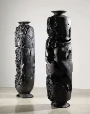  ??  ?? RIGHT Working with components has allowed Eleanor to make larger pieces, as with Echoes of Amphora Column Vessels, I and II, 2019. A similar piece was bought by the V&A.