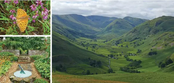  ??  ?? ABOVE CLOCKWISE Dark green fritillary among the heather above Borrowdale; The pattern of fields and fells is distinctiv­e of the Lake District; The rambling gardens of Askham Hall
FAR LEFT Looking across to Skiddaw from the slopes of Barf