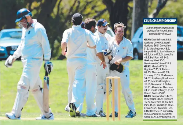  ?? Picture: MITCH BEAR ?? WHO WILL IT BE? Geelong West players celebrate a wicket against Newtown & Chilwell last round. Newtown won the match, but will it be enough for the Two Blues to keep their place in the GCA’s top division?