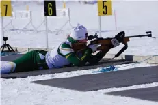  ?? ?? Kaycee Nord on the range shooting in the prone position during competitio­n - Photo credit Carolyn Bowler