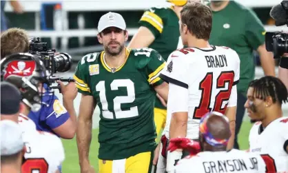  ??  ?? Aaron Rodgers greets Tom Brady at the end of Sunday’s game. Photograph: Kim Klement/USA Today Sports