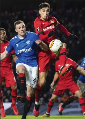  ??  ?? Bayer Leverkusen captain Kai Havertz in action at Ibrox in March