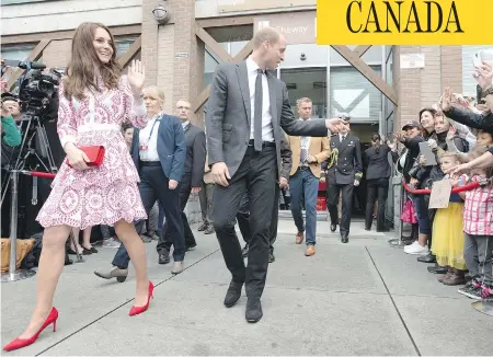  ?? JONATHAN HAYWARD / THE CANADIAN PRESS ?? Prince William and Kate, Duchess of Cambridge, and their two children toured Western Canada in September. A budget breakdown shows the Department of Canadian Heritage budgeted $39,000 for a “reconnaiss­ance visit” in July and $116,300 for a “dry-run...