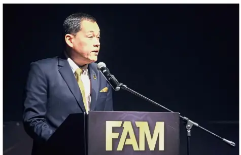  ??  ?? Time to make a change: FAM president Datuk Hamidin Mohd Amin giving his speech at the launch of F30 road-map in Kuala Lumpur yesterday. — FAIHAN GHANI/ The Star