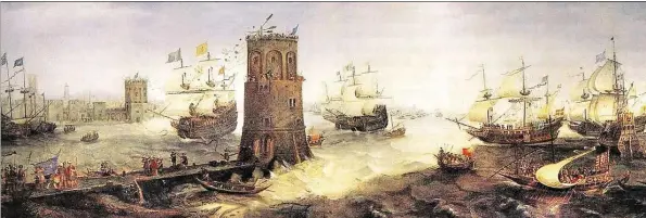  ?? REPRO HANS-JOACHIM SCHEPKER ?? Umlagert: der Turm von Damiette in einer Darstellun­g des niederländ­ischen Malers Cornelis Claesz van Wieringen (1576–1633)