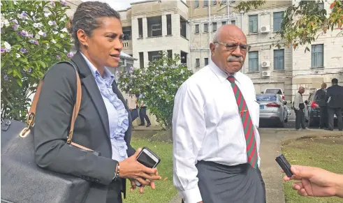  ?? Photo: Ashna Kumar ?? SODELPA Leader Sitveni Rabuka (right) and one of his lawyers, Lynda Tabuya.