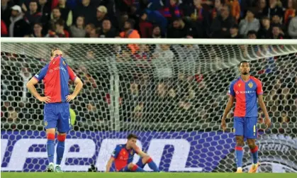  ?? Uefa/Getty Images ?? Basel players react to defeat in the Europa Conference League semi-final against Fiorentina last season. Photograph: Sebastian Widmann/