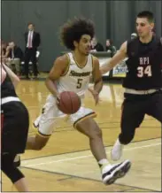  ?? SUBMITTED PHOTO ?? Skidmore sophomore Noah Meren drives the lane against RPI’s Andreas Kontopidis Saturday afternoon during Liberty League action at the Williamson Center. He finished with a game-high 24 points.