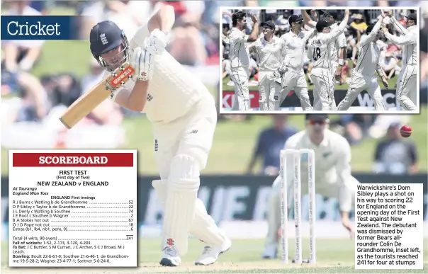  ??  ?? Warwickshi­re’s Dom Sibley plays a shot on his way to scoring 22 for England on the opening day of the First Test against New Zealand. The debutant was dismissed by former Bears allrounder Colin De Grandhomme, inset left, as the tourists reached 241 for four at stumps