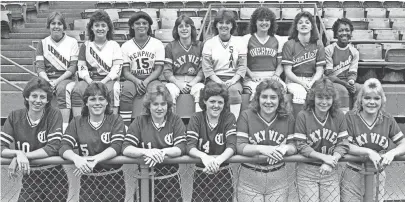  ??  ?? The 1984 All-Metro Softball team includes, front row from left: Janet McGraw, Catholic; Lisa Woodend, Catholic; Kathleen Kuehl, Catholic; Kathleen Tindle, Catholic; Jeanette Murray, Sky View; Kelley Cobb, Sky View; and DeAnne Craig, Sky View. Second...