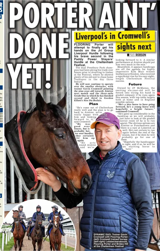  ?? ?? Dynamic Duo: Trainer gavin cromwell with Flooring Porter; (left) cromwell trained horses (left-right) Letsbeclea­raboutit, Flooring Porter and Brides Hill at the cheltenham Festival