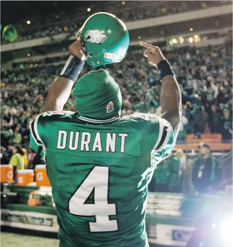  ?? TROY FLEECE ?? Quarterbac­k Darian Durant led the Roughrider­s to first place in the West Division as a first year full-time starter — something that hadn’t been done since 1976, when Ron Lancaster was calling the signals. Four years later he led the Riders to a Grey...
