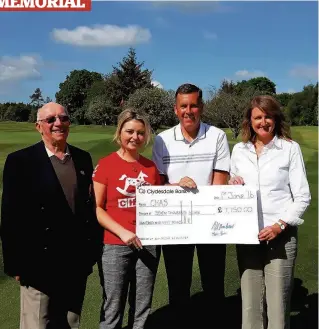  ??  ?? Charity champs Pictured presenting a cheque to Children’s Hospice Associatio­n Scotland are, left to right, Duncan J Cameron, captain of Hamilton Golf Club; Samantha Reilly from CHAS; Stewart Henderson, member and organiser of the event and Brigitte...