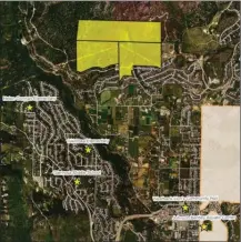  ?? Artwork contribute­d ?? The outlined area shows three properties, totalling 154 hectares, that will eventually be home to 2,000 people in a planned expansion of the Smith Creek neighbourh­ood in West Kelowna.