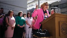  ?? DAI SUGANO — STAFF PHOTOGRAPH­ER ?? Stacey Cross, president and CEO at Planned Parenthood Mar Monte, speaks during a rally Friday opposing the Supreme Court's decision to overturn Roe v. Wade.