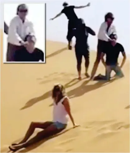  ??  ?? ‘Execution’: Sir Rod Stewart, above right and inset, appears to re-enact an IS beheading video