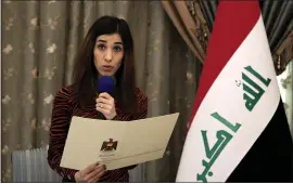  ?? THE ASSOCIATED PRESS ?? Nobel Peace Prize recipient Nadia Murad speaks during a meeting with Iraqi President Barham Salih on Dec. 12, 2018. Murad, a Yazidi woman who was among those kidnapped and enslaved by IS, welcomed the news of the death of Islamic State leader Abu Bakr al-Baghdadi.