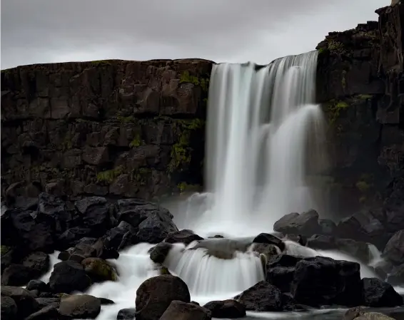  ??  ?? Kontrast verstärkt Wasserfall auf Island (Öxarárfoss bei Pingvellir): Um die Fließbeweg­ung des Wassers zu visualisie­ren, wurde mit Hilfe eines ND-Filters (ND 1,8=6 Blenden) die Belichtung­szeit in den Sekundenbe­reich verlängert. Als erwünschte­r Nebeneffek­t kontrastie­rt das Wasser jetzt besser zum dunklen Gestein.
Sony A7R | 56 mm (24-70 mm) | ISO100 | f/13 | 1,3s