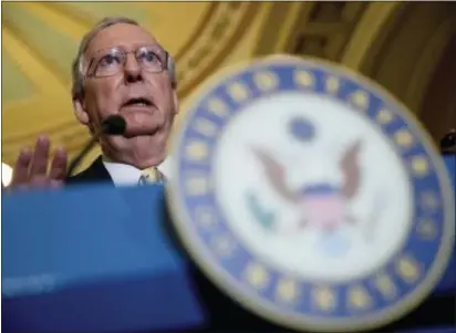  ?? ANDREW HARNIK — THE ASSOCIATED PRESS ?? In this photo, Senate Majority Leader Mitch McConnell of Ky. speaks at a news conference on Capitol Hill in Washington. There are many reasons why the Senate will probably reject Republican­s’ crowning bill razing much of “Obamacare.” There are fewer...