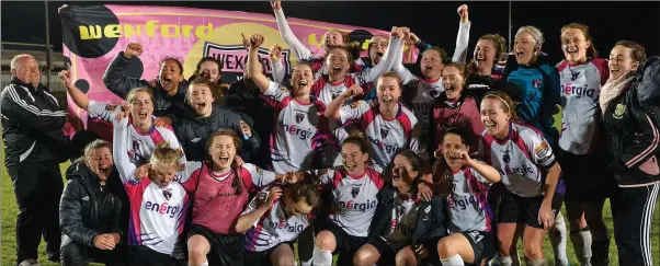  ??  ?? Wexford Youths Women celebratin­g their first-ever National League title and Champions League qualificat­ion in March, 2015.