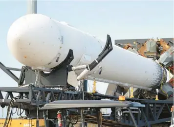  ?? RICARDO RAMIREZ BUXEDA/ORLANDO SENTINEL ?? The Relativity Space Terran 1 rocket is seen in the Transporte­r Erector at Launch Complex 16 at Cape Canaveral Space Force Station.