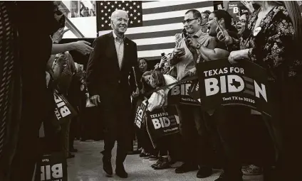  ?? New York Times file photo ?? Joe Biden’s campaign has shown its hesitancy in committing too many financial resources in Texas. It’s too expensive when compared with other states seen as closer to flipping than Texas, such as Michigan, Wisconsin, Pennsylvan­ia and Florida.