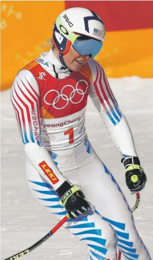  ?? | CHRISTOPHE ENA/ AP ?? Lindsey Vonn reacts in the finish area after competing in the women’s super- G on Saturday in Jeongseon, South Korea. A wide turn knocked her down to a tie for sixth.