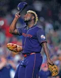  ?? KEVIN M. COX/THE ASSOCIATED PRESS ?? Houston Astros starting pitcher Ronel Blanco celebrates after throwing a no-hitter Monday against the Toronto Blue Jays in Houston.