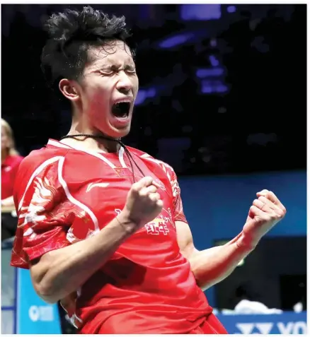  ??  ?? Tian Houwei of China celebrates after winning his men’s singles semifinals against Jan O Jorgensen of Denmark on Saturday. (AN photo)