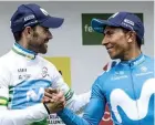  ??  ?? Valverde and Quintana celebrate their one-two on the Catalunya podium