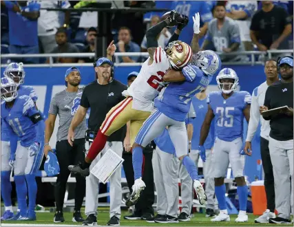  ?? DUANE BURLESON — THE ASSOCIATED PRESS ?? San Francisco 49ers cornerback Dontae Johnson breaks up a pass intended for Detroit Lions wide receiver Trinity Benson (17) in the second half in Detroit on Sunday.