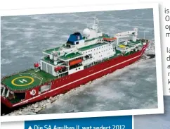  ??  ?? Die SA Agulhas IIII, wat sedert 2012 vir ekspedisie­s na onder meer Antarktika gebruik word. Dié ysbreker het ook ’n landingspl­ek vir helikopter­s.Sanae IV is die Suid-Afrikaanse basis waar wetenskapl­ikes tuisgaan om navorsing te doen.