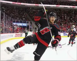  ?? BRUCE BENNETT — THE ASSOCIATED PRESS ?? The Hurricanes’ Teuvo Teravainen celebrates a second-period power play goal against the Rangers during Game 5of their second-round playoff series on Thursday.