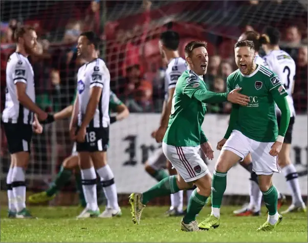  ??  ?? Kevin O’Connor of Cork City, right, celebrates with team-mate Dan Casey after scoring during the President’s Cupfinal against Dundalk at Turners Cross.