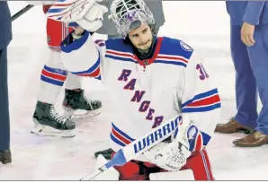  ?? Corey Sipkin ?? WHAT A NIGHT! Igor Shesterkin, who made 37 saves on 39 shots, waves to the crowd after the Rangers’ dominant 6-2 victory over the Hurricanes.