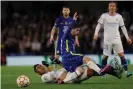  ?? Photograph: Tom Jenkins/The Guardian ?? Christian Pulisic feels the force a Casemiro tackle during Chelsea’s Champions League quarter-final against Real Madrid.