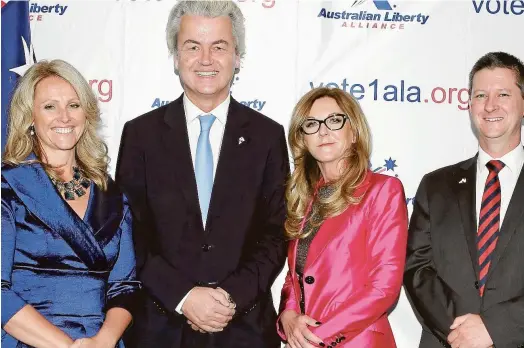  ??  ?? Q Society and ALA president Debbie Robinson (second from right) with (from left) Kirralie Smith, Dutch politician Geert Wilders and
ALA member Bernard Gaynor.