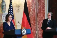  ?? The Associated Press ?? ■ German Foreign Minister Annalena Baerbock speaks during a news conference with Secretary of State Antony Blinken at the State Department on Wednesday in Washington.