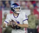  ?? JOHN BLAINE — FOR THE TRENTONIAN ?? Giants quarterbac­k Daniel Jones looks to throw against the Tampa Bay Buccaneers during a game last season. The team didn’t pick up the quarterbac­k’s fifth-year option.