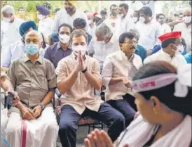  ?? PTI ?? Congress MP Rahul Gandhi, along with other Opposition leaders, visit farmers’ Kisan Sansad at Jantar Mantar in New Delhi on Friday.